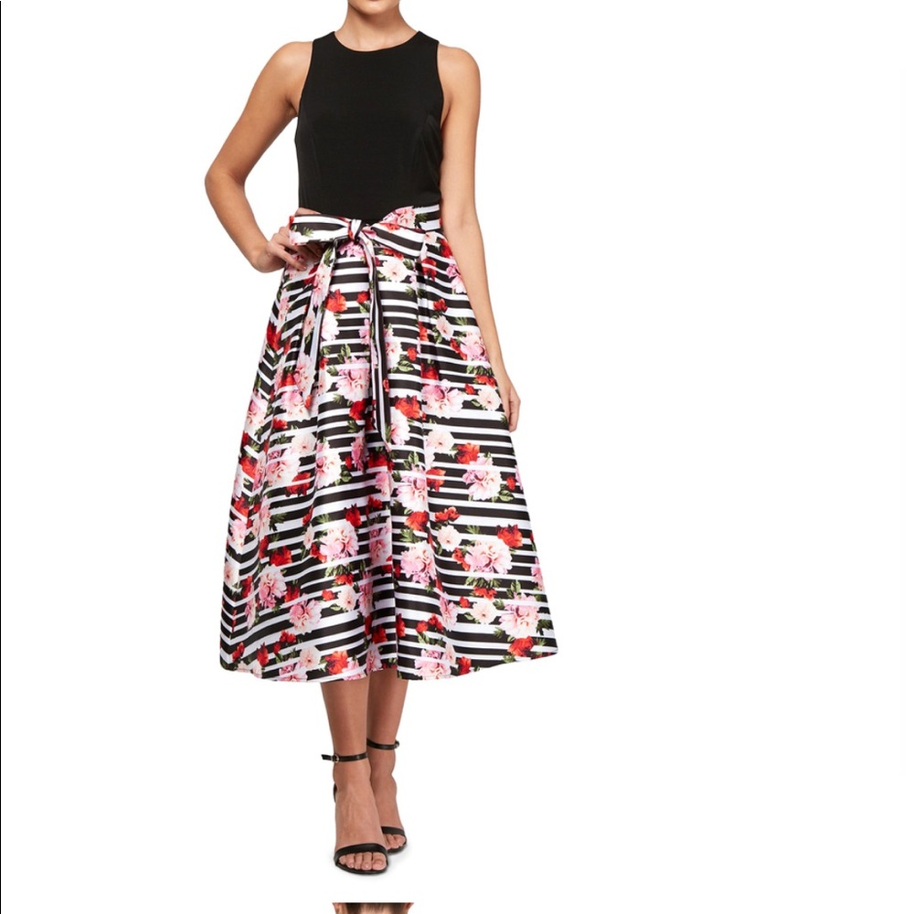 MIDI black with pink and red flowers dress